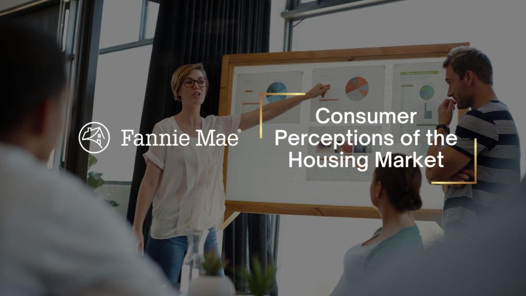 Presenter points to charts on a whiteboard during a meeting about consumer perceptions of the housing market; Fannie Mae branding overlays the scene.