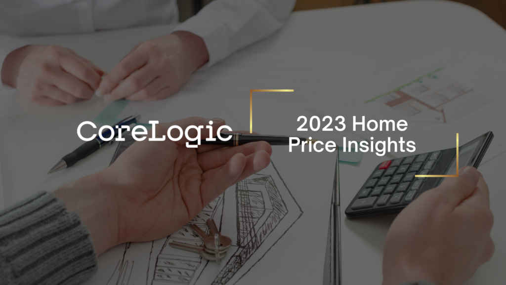 CoreLogic logo with text '2023 Home Price Insights' over a workspace showing drawings, a calculator, and hands at work (informational hero image).