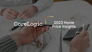 CoreLogic logo with text '2023 Home Price Insights' over a workspace showing drawings, a calculator, and hands at work (informational hero image).