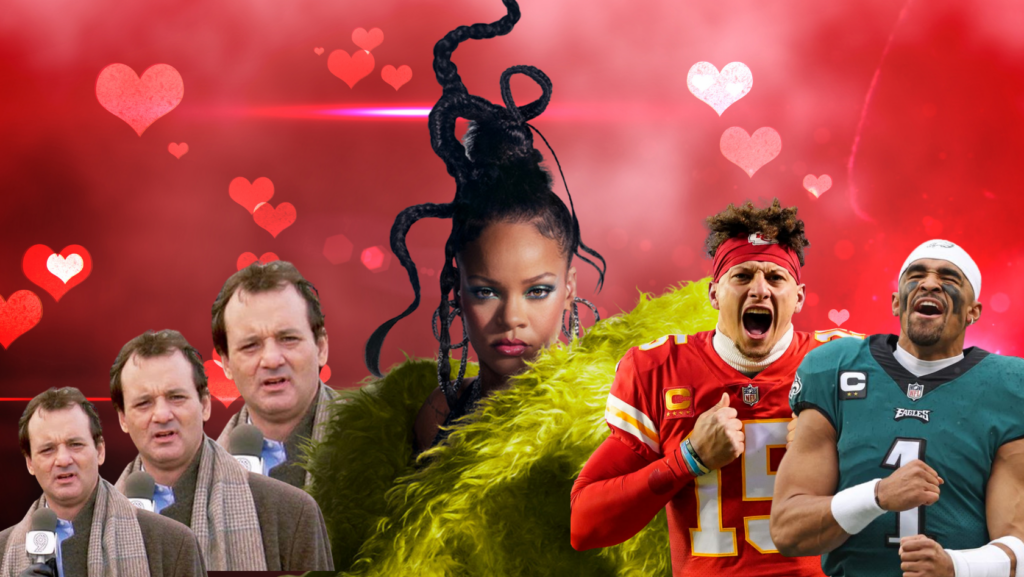 Valentine-themed collage featuring several public figures with a pink-red heart-filled background.