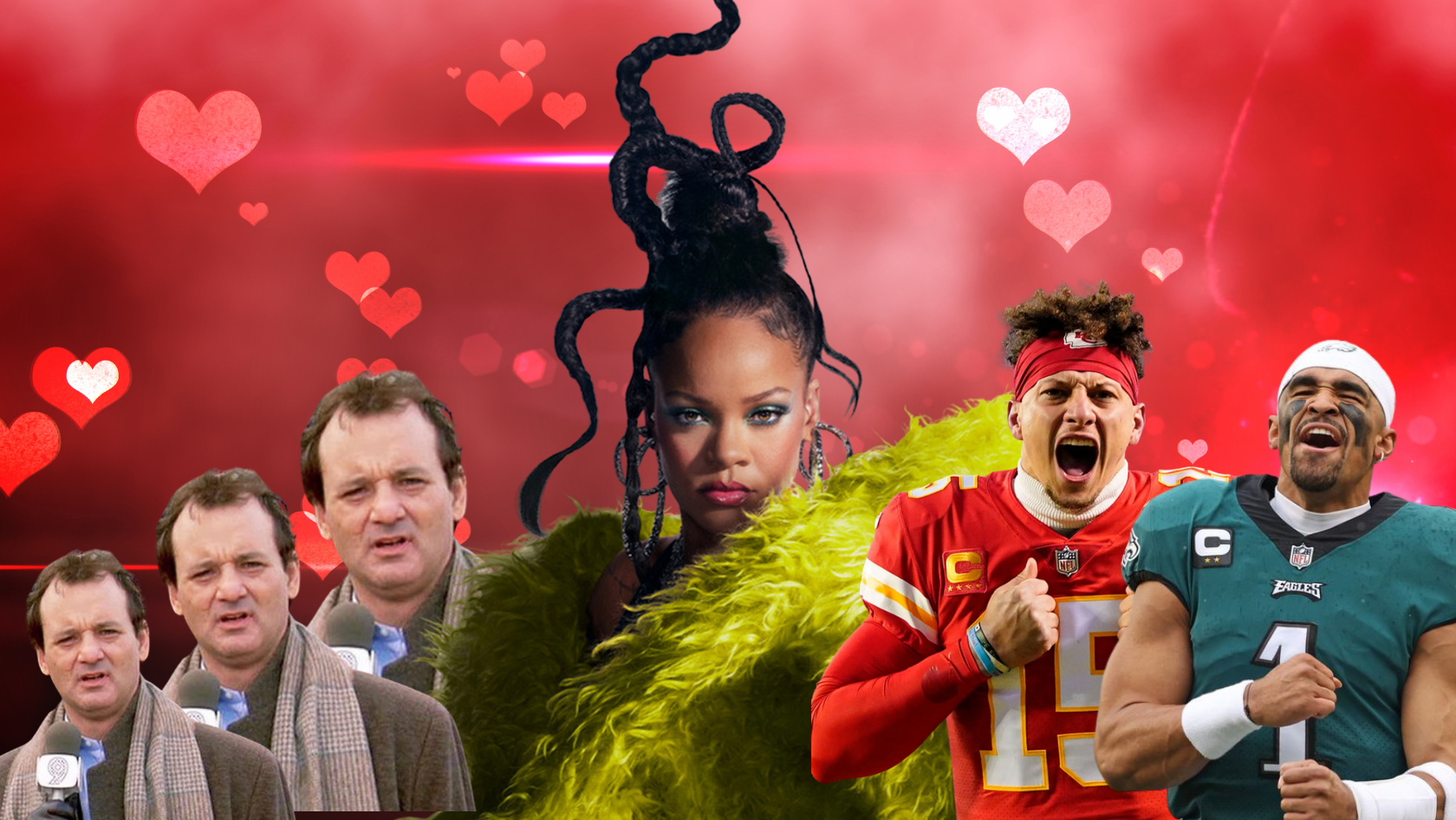 Valentine-themed collage featuring several public figures with a pink-red heart-filled background.