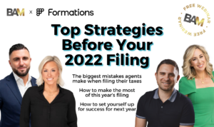 Hero banner for a free webinar titled 'Top Strategies Before Your 2022 Filing' featuring four professionals and BAM x Formations logos.