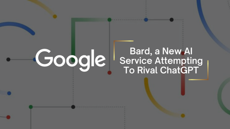 Google logo with headline 'Bard, a New AI Service Attempting To Rival ChatGPT' on an abstract tech background.