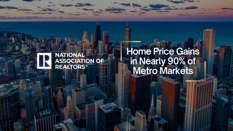 City skyline at dusk featuring the National Association of Realtors logo and the headline about home price gains in metro markets.