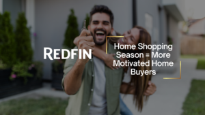 Couple celebrating with a key in front of their home; prominent Redfin branding and the text 'Home Shopping Season = More Motivated Home Buyers' on the overlay.
