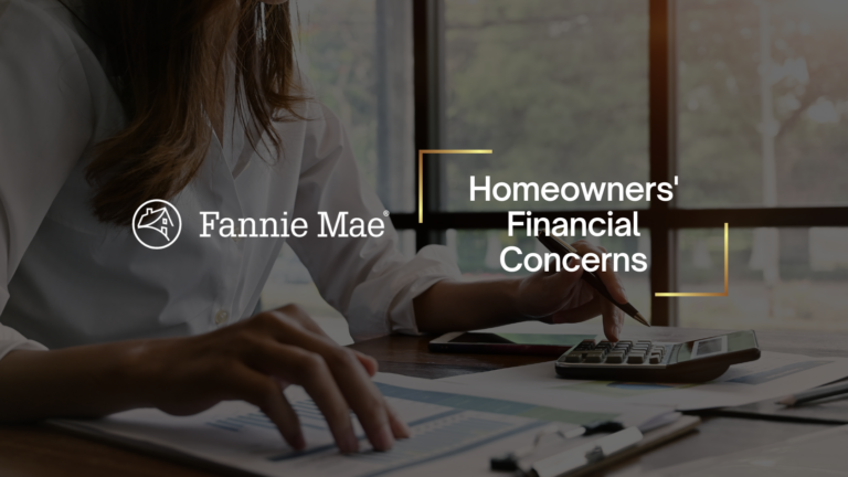 Professional workspace scene: a person uses a calculator and tablet over financial documents, with the text 'Homeowners' Financial Concerns' and Fannie Mae logo visible.