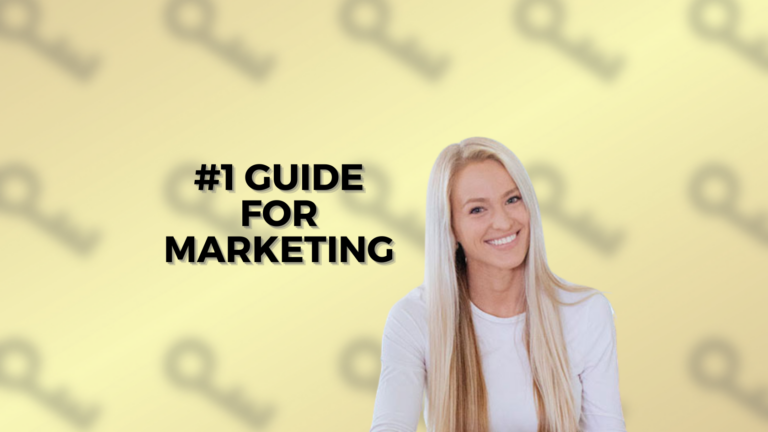 Smiling woman in a white shirt beside bold text: '#1 GUIDE FOR MARKETING' on a yellow patterned background