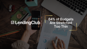 LendingClub logo on a dark wooden desk with a hand holding a calculator; headline reads '64% of Budgets Are Stretched Too Thin'.
