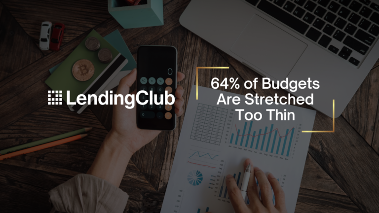 LendingClub logo on a dark wooden desk with a hand holding a calculator; headline reads '64% of Budgets Are Stretched Too Thin'.
