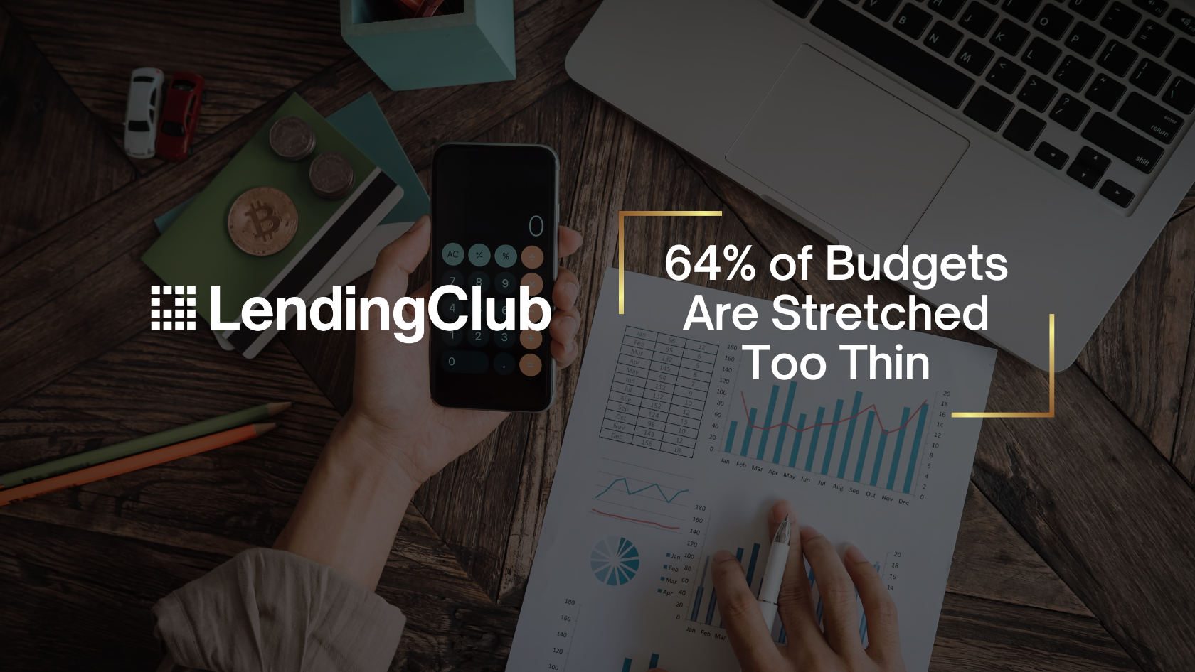 LendingClub logo on a dark wooden desk with a hand holding a calculator; headline reads '64% of Budgets Are Stretched Too Thin'.