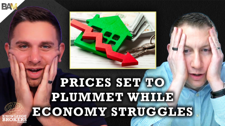 Thumbnail for Knowledge Brokers Podcast: two men with worried expressions, a green house graphic with a red downward arrow over money, and the title about prices dropping and economy struggles when read together