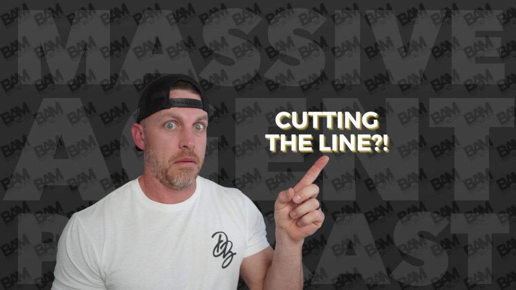 Surprised man in a white shirt points at the bold text 'CUTTING THE LINE?!' on a dark patterned background.