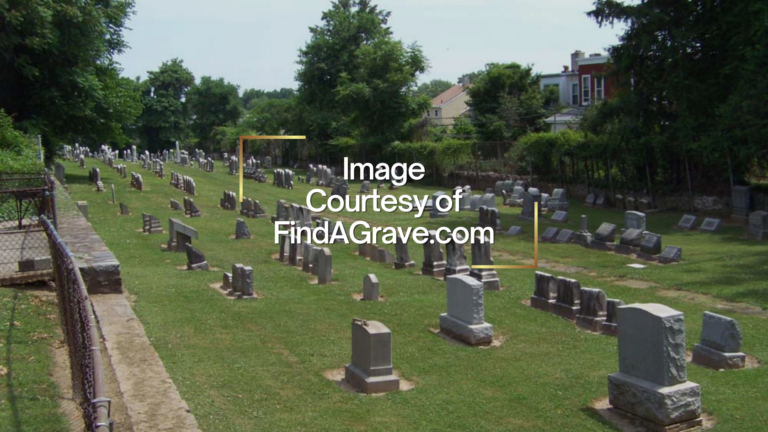 Wide view of a grassy cemetery with rows of tombstones, a left-side fence, and trees and houses in the background.