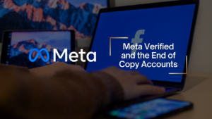 Banner showing the Meta logo on the left and the title 'Meta Verified and the End of Copy Accounts' on a blue screen with gold corner accents.