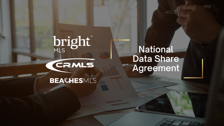 Hero banner showing real estate data collaboration logos (Bright MLS, CRMLS, BEACH MLS) with 'National Data Share Agreement' text on the right side of a business meeting scene.