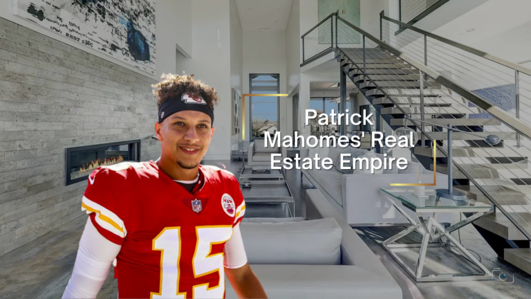 Front-facing man in a Kansas City Chiefs jersey stands in a modern, open-plan living room with a staircase; overlay text reads 'Patrick Mahomes Real Estate Empire'.