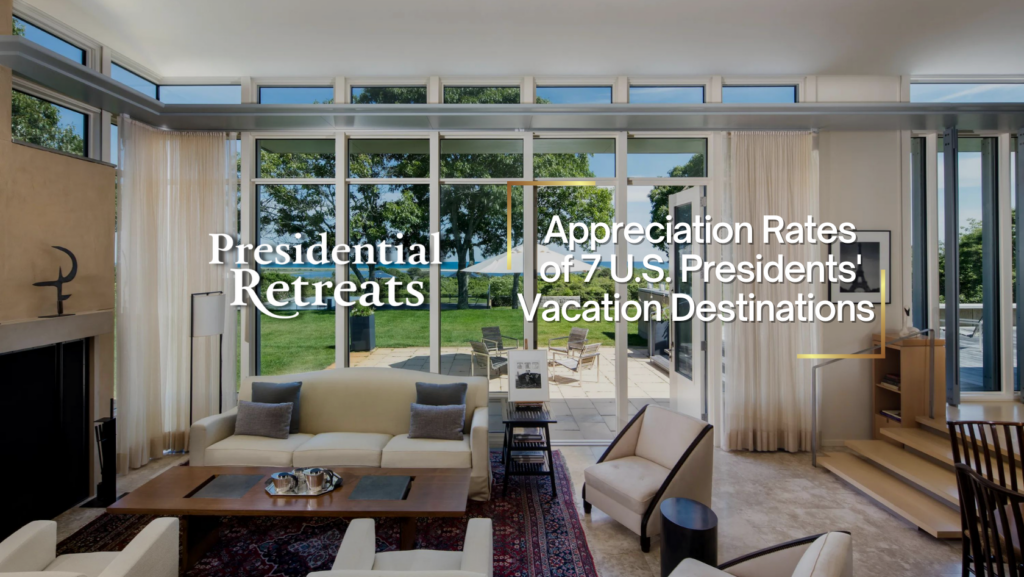 Bright living room with floor-to-ceiling glass walls opening to a green lawn; overlaid article title: 'Presidential Retreats' on the left and 'Appreciation Rates of 7 U.S. Presidents' Vacation Destinations' on the right.