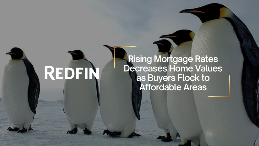 Group of penguins on an icy landscape with an overlaid headline about rising mortgage rates and affordable area housing, featuring the REDFIN logo.