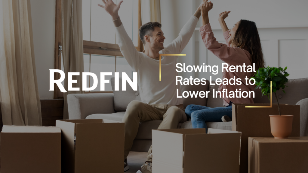 Couple celebrating on a sofa amid moving boxes, illustrating slower rental rates reducing inflation impact.