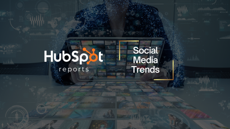 HubSpot reports: Social Media Trends hero image with a collage of thumbnail screens and a dark tech background