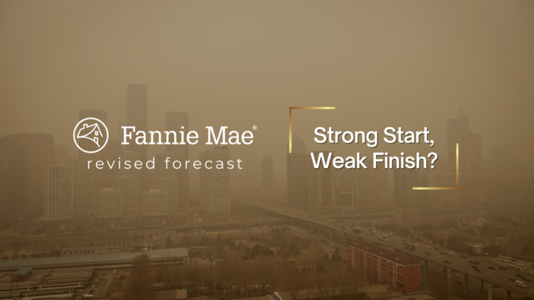 Fannie Mae logo with 'revised forecast' on the left and the title 'Strong Start, Weak Finish?' with gold bracket accents over a city skyline, warm overlay.