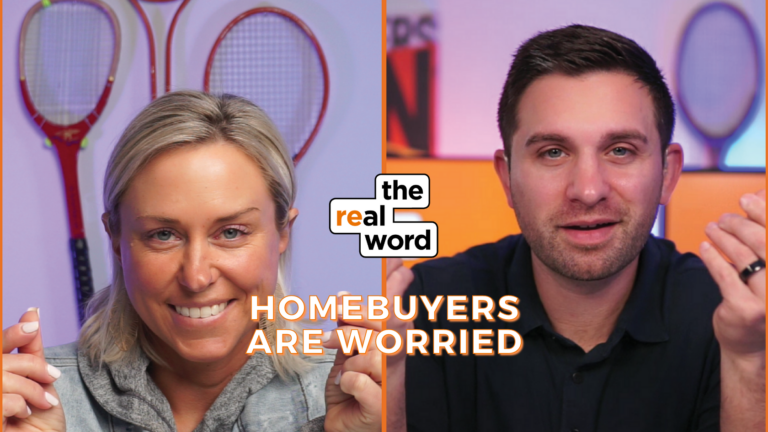Split-screen thumbnail featuring a smiling woman on the left and a man on the right with an orange divider and the 'the real word' logo; caption reads 'HOMEBUYERS ARE WORRIED'