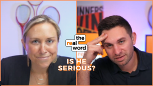 Split-screen thumbnail with a woman on the left and a man on the right, center 'the real word' logo, and the caption 'IS HE SERIOUS?' in orange text.