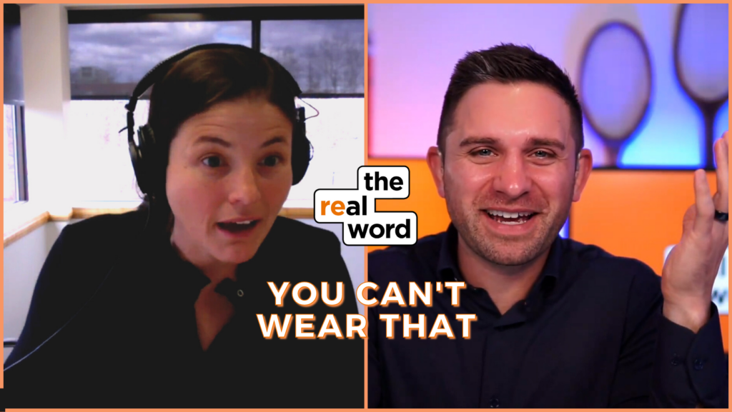 Split-screen thumbnail: woman with headset on left and man smiling on right, with show logo in the center and the phrase 'YOU CAN'T WEAR THAT' below.