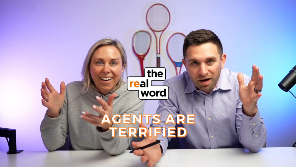 Two hosts sit at a white table, gesturing as they speak, with the 'the real word' logo between them and an orange caption reading 'AGENTS ARE TERRIFIED' beneath.
