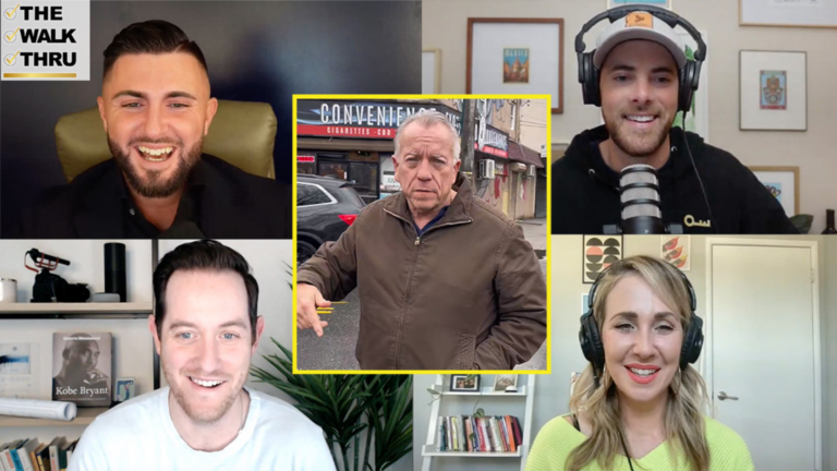 Five-person video-call grid with a central man in a brown jacket highlighted by a yellow border; The Walk Thru logo appears in the top-left corner.