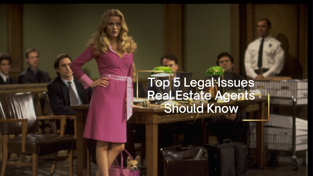 Woman in a pink dress stands in a courtroom beside a desk as the headline reads: 'Top 5 Legal Issues Real Estate Agents Should Know'.] ,