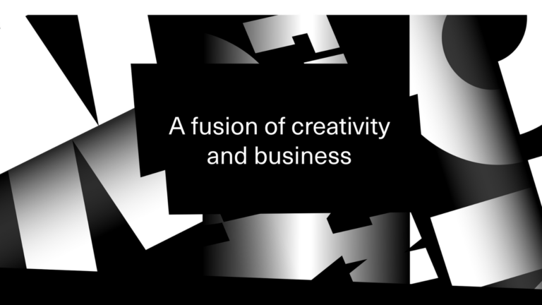 Abstract black-and-white collage with a central black panel displaying the text 'A fusion of creativity and business'.