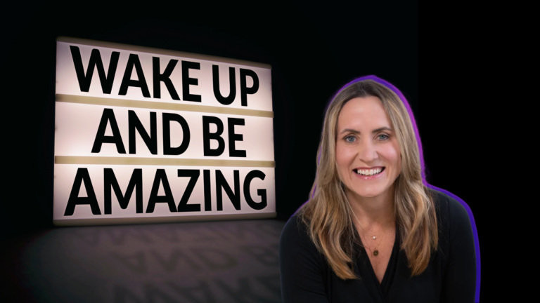 Sign displays the message 'WAKE UP AND BE AMAZING' beside a smiling woman against a dark background, conveying motivation.