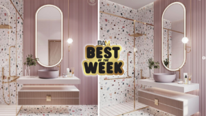 Luxe bathroom split view with pink striped walls, terrazzo surfaces, gold fixtures, oval backlit mirrors, and a white vanity with a round sink; centered 'Best of the Week' badge.