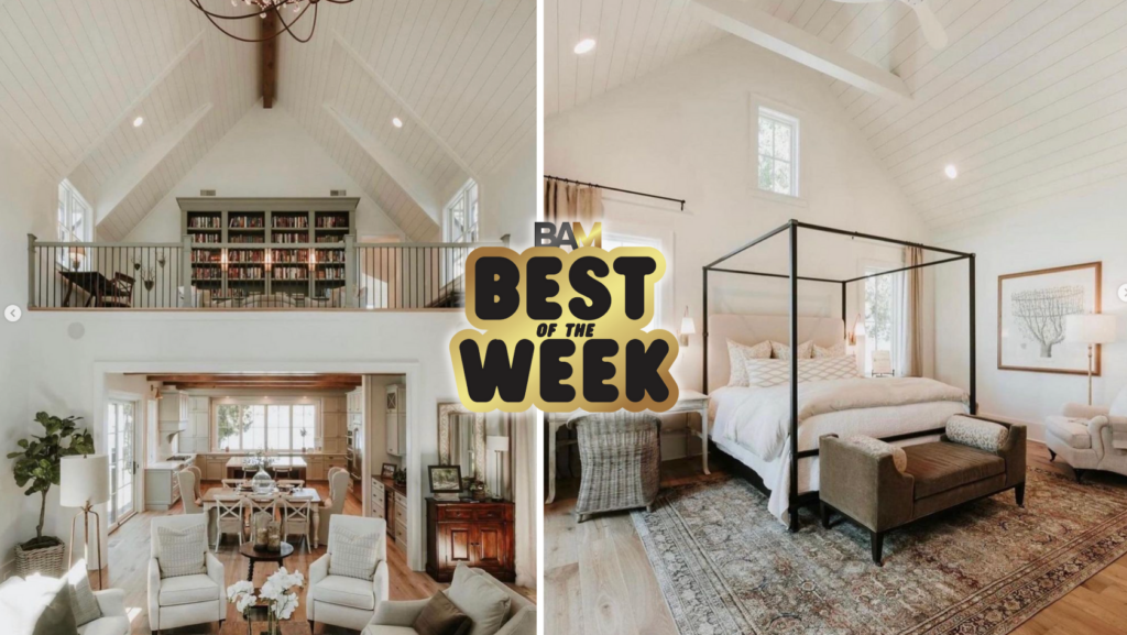 Collage of a bright white home interior: loft with bookshelves, open dining/kitchen area, and a sunlit bedroom with a four-poster bed; Best of the Week sticker in center.
