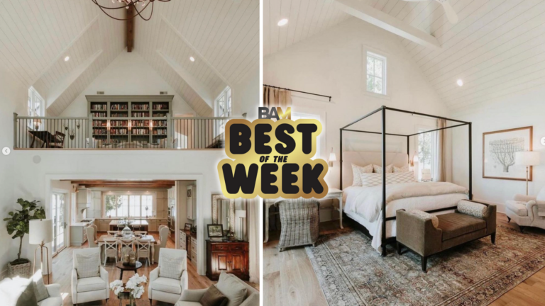 Collage of a bright white home interior: loft with bookshelves, open dining/kitchen area, and a sunlit bedroom with a four-poster bed; Best of the Week sticker in center.