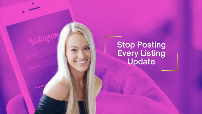 Banner-style image with a smiling woman in front of a pink-purple background and the text 'Stop Posting Every Listing Update'