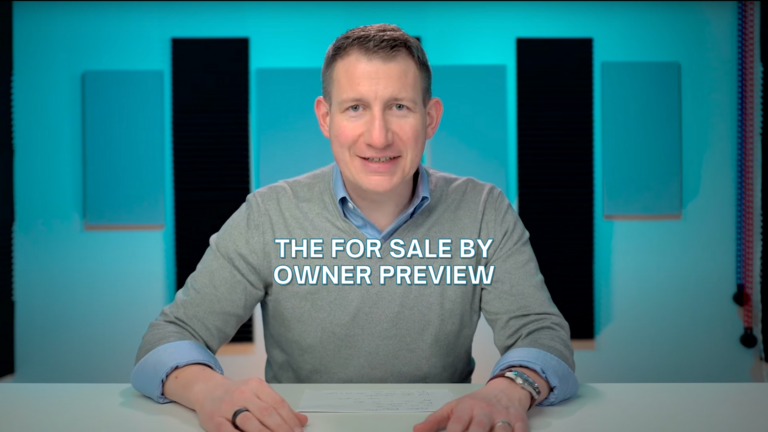 Male presenter sits at a white desk in a turquoise studio, camera facing him, with the on-screen title 'THE FOR SALE BY OWNER PREVIEW'
