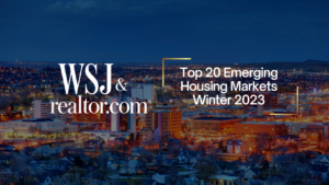City skyline at dusk with WSJ & realtor.com logo and headline 'Top 20 Emerging Housing Markets Winter 2023'.