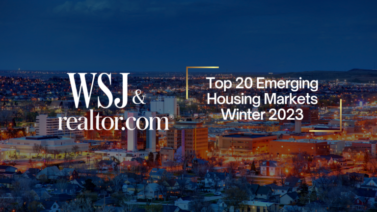 City skyline at dusk with WSJ & realtor.com logo and headline 'Top 20 Emerging Housing Markets Winter 2023'.