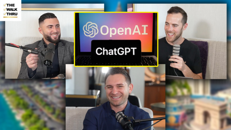 Collage of four men recording podcasts; center screen shows the OpenAI ChatGPT logo with a yellow border.