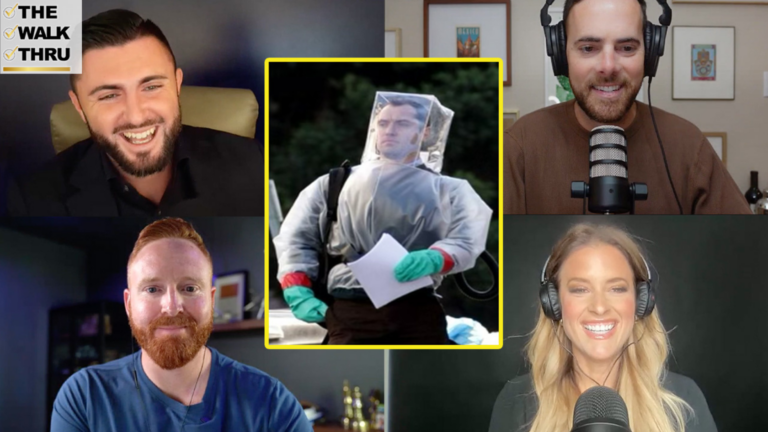 Five-person podcast thumbnail: center figure in a hazmat suit with a clear hood, framed in yellow, flanked by four smiling hosts. The Walk Thru logo sits in the top-left corner.