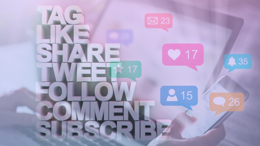 Social media prompts: Tag, like, share, tweet, follow, comment, subscribe over a blurred phone screen with notification bubbles.