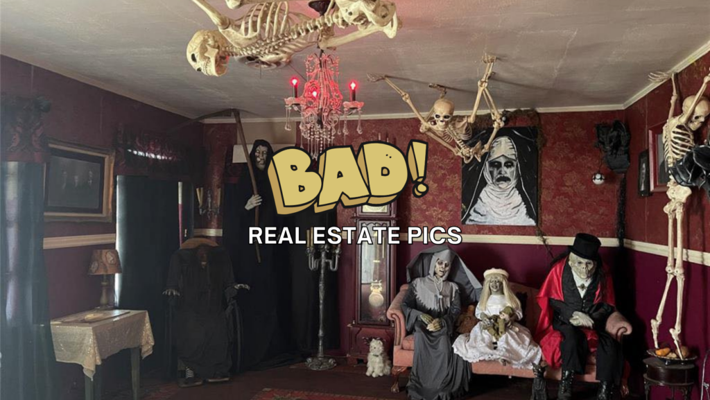 Haunted-style living room with skeletons and eerie figures on a pink couch; overlay text reads BAD! REAL ESTATE PICS.