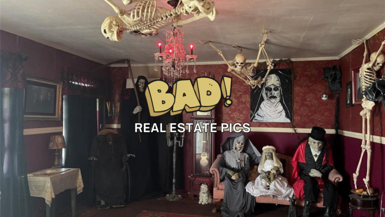 Haunted-style living room with skeletons and eerie figures on a pink couch; overlay text reads BAD! REAL ESTATE PICS.