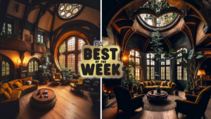 Split-screen shot of two cozy, plant-filled living rooms with warm amber lighting and wooden arches; center overlay reads 'Best of the Week' badge.