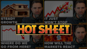 Six-panel video thumbnail collage around a bold 'HOT SHEET' banner, covering market topics like growth, prices, and reactions for a podcast/video.