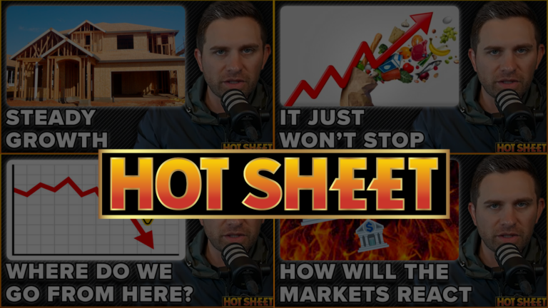 Six-panel video thumbnail collage around a bold 'HOT SHEET' banner, covering market topics like growth, prices, and reactions for a podcast/video.