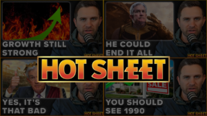 Collage of six thumbnail cards featuring a man with a microphone and bold captions like 'GROWTH STILL STRONG' and 'HE COULD END IT ALL' with a central 'HOT SHEET' overlay.