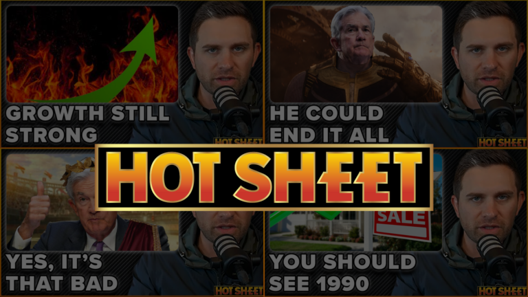 Collage of six thumbnail cards featuring a man with a microphone and bold captions like 'GROWTH STILL STRONG' and 'HE COULD END IT ALL' with a central 'HOT SHEET' overlay.